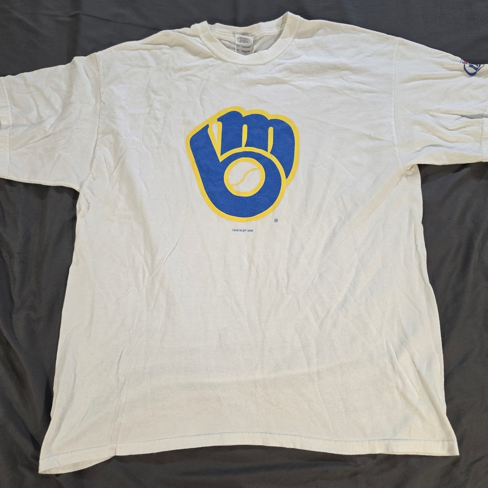 Vintage 2008 Milwaukee Brewers Miller Lite Gildan T-Shirt White XL MLB Logo